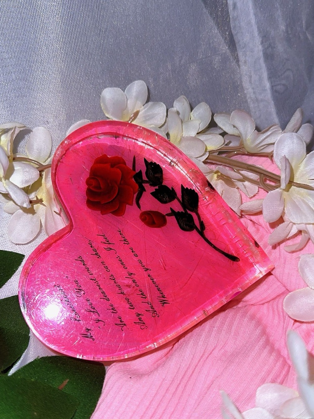 Pink Heart-Shaped Decorative Tray with Rose Accent